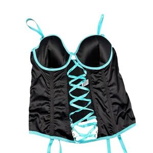 Y2K Women's Backseat 36C/L Black & Teal Corset Ribbon‎ Goth Punk Lingerie Garter